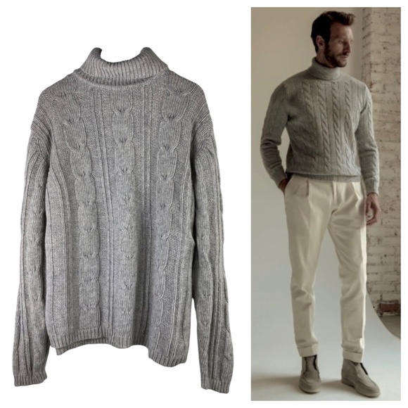 Gap Mens Large Turtleneck Sweater Pullover Lambs Wool Gray Chunky Cable Knit - Picture 1 of 4
